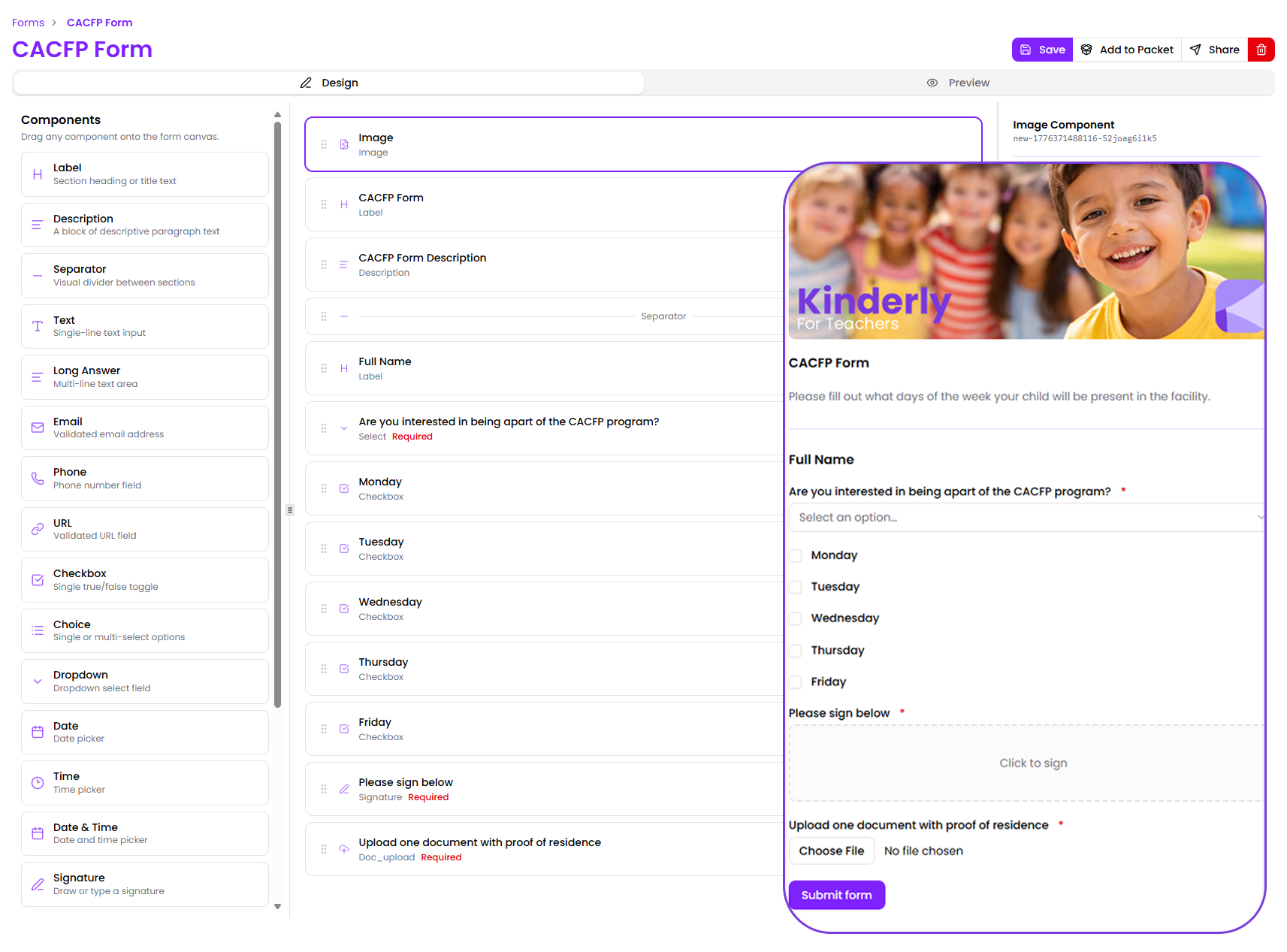 Kinderly Grow inquiry form on a website page